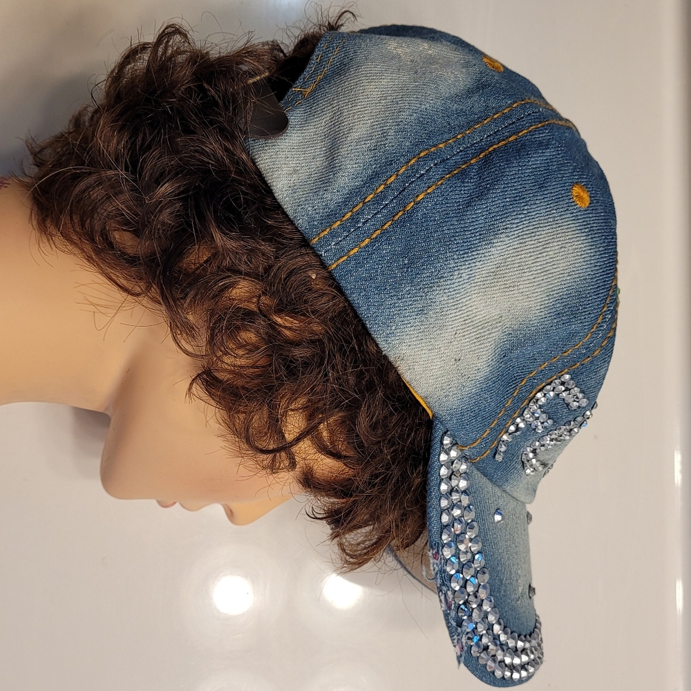 Florida Palm Trees Bedazzled Vintage Look Denim Asjustable Adult Ball Cap - Picture 7 of 13